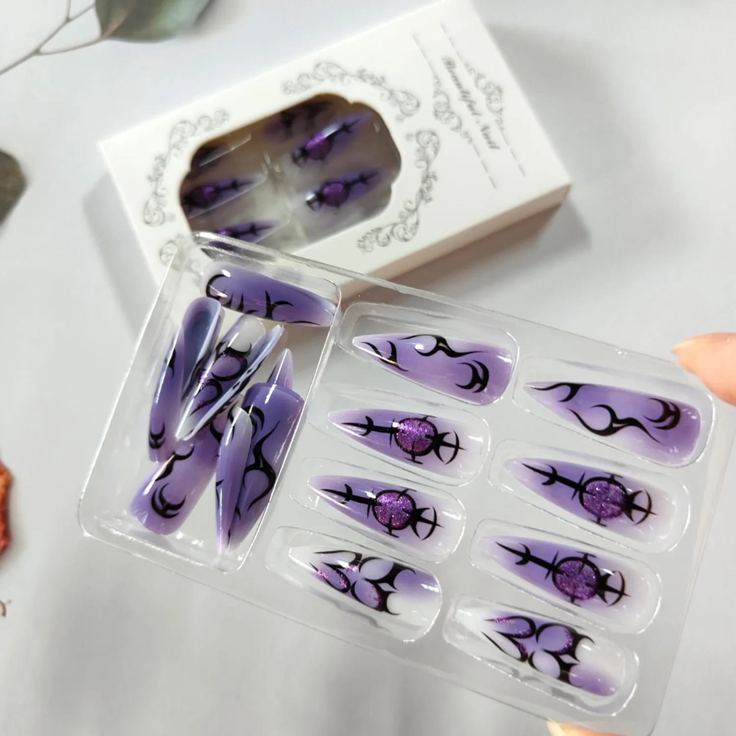 Halloween Press on Nails Long Stiletto Gradient Purple Fake Nails with Irregular Lines Design Glossy Glue on Nails Purple Glitter False Nails Full Cover Stick on Nails for Women 24Pcs