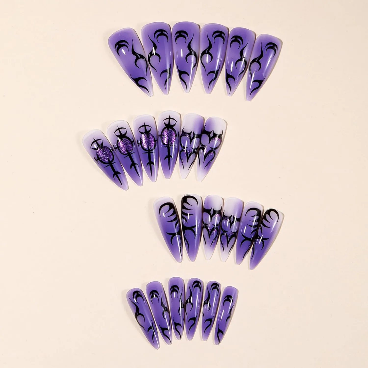 Halloween Press on Nails Long Stiletto Gradient Purple Fake Nails with Irregular Lines Design Glossy Glue on Nails Purple Glitter False Nails Full Cover Stick on Nails for Women 24Pcs