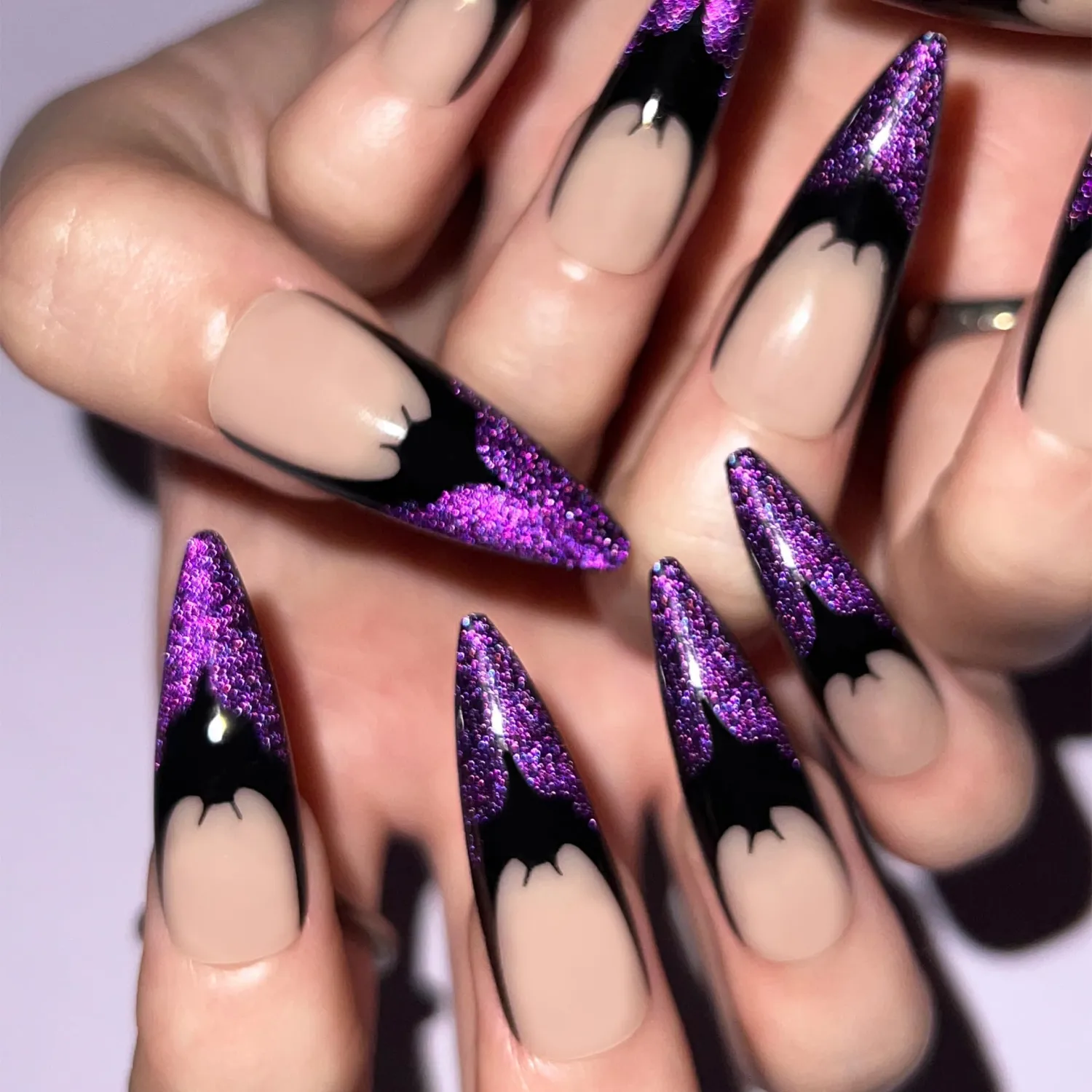 Halloween Press on Nails Long Almond French Purple Fake Nails with Black Bats Design Glossy Acrylic False Nails Reusable Stick on Nails for Women Halloween Party Cosplay Manicure 24Pcs