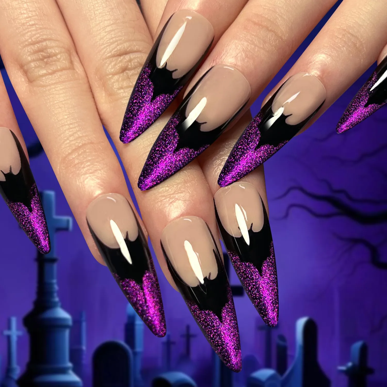 Halloween Press on Nails Long Almond French Purple Fake Nails with Black Bats Design Glossy Acrylic False Nails Reusable Stick on Nails for Women Halloween Party Cosplay Manicure 24Pcs