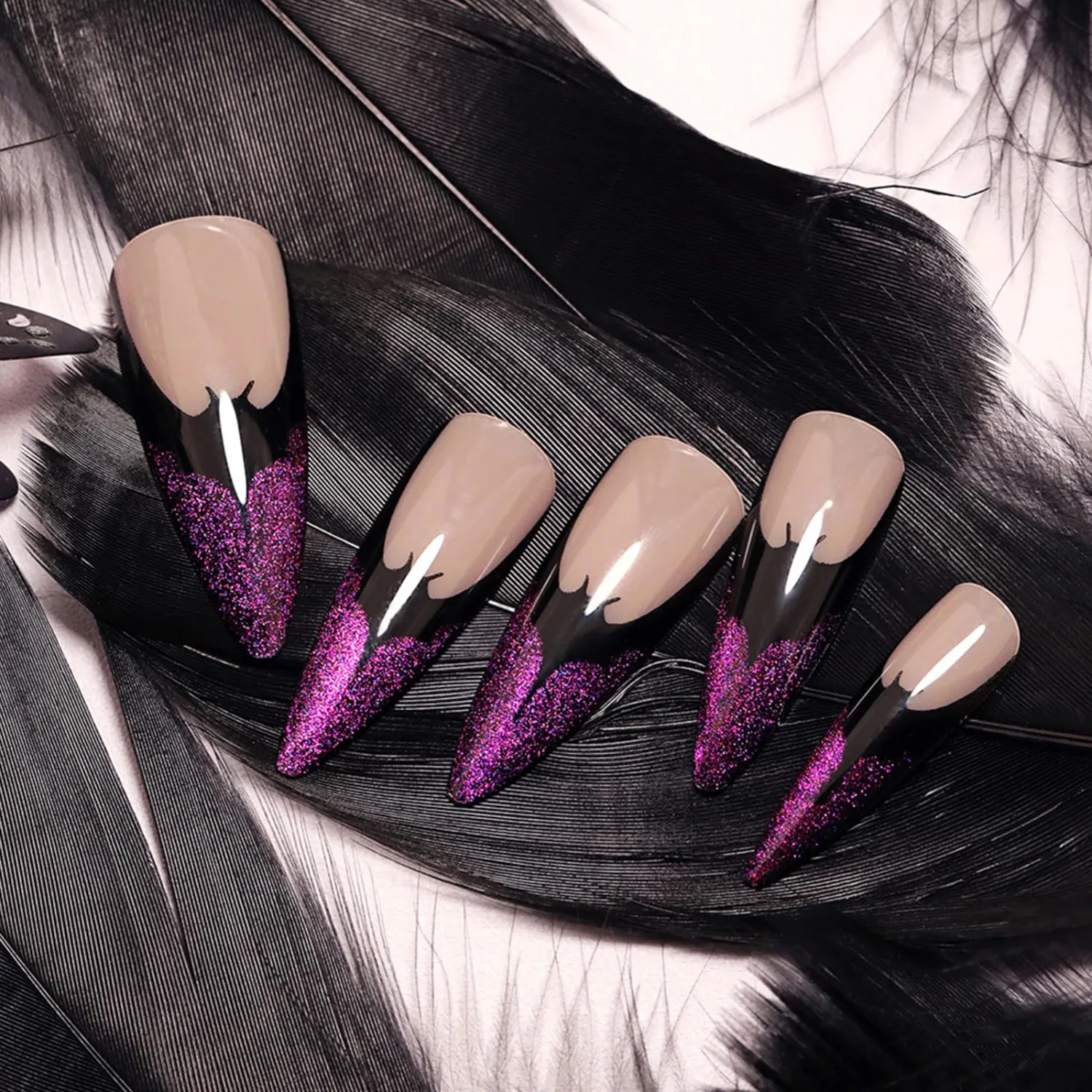 Halloween Press on Nails Long Almond French Purple Fake Nails with Black Bats Design Glossy Acrylic False Nails Reusable Stick on Nails for Women Halloween Party Cosplay Manicure 24Pcs