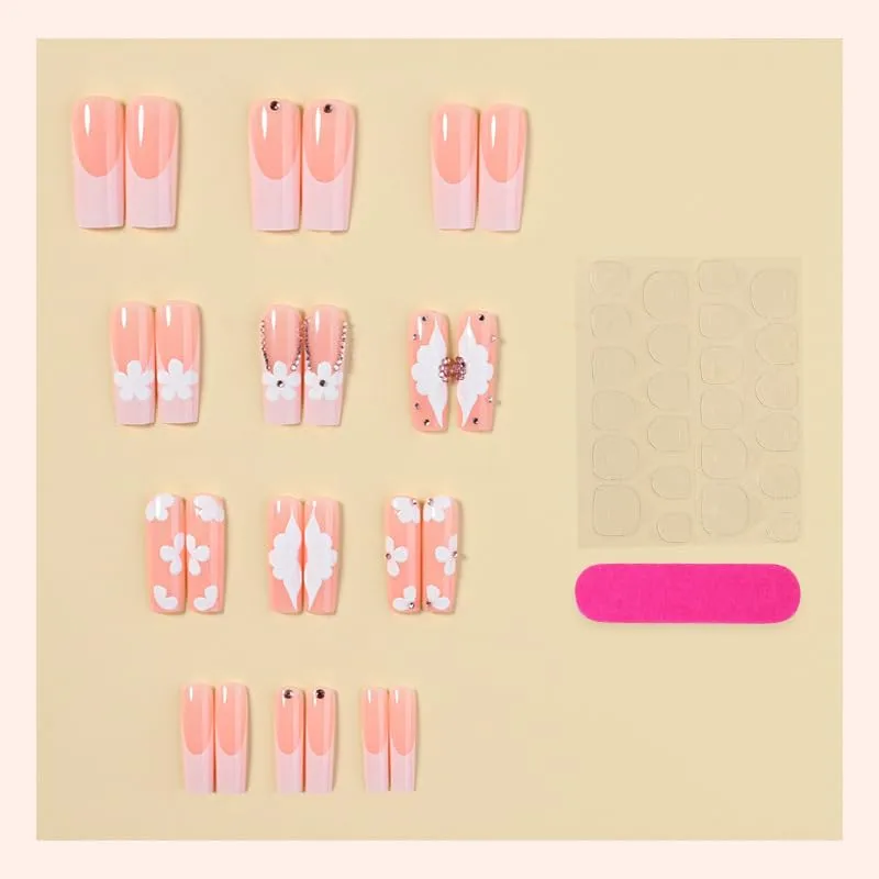 Long Square Press on Nails plalely 3D White Flower Fake Nails 24pcs