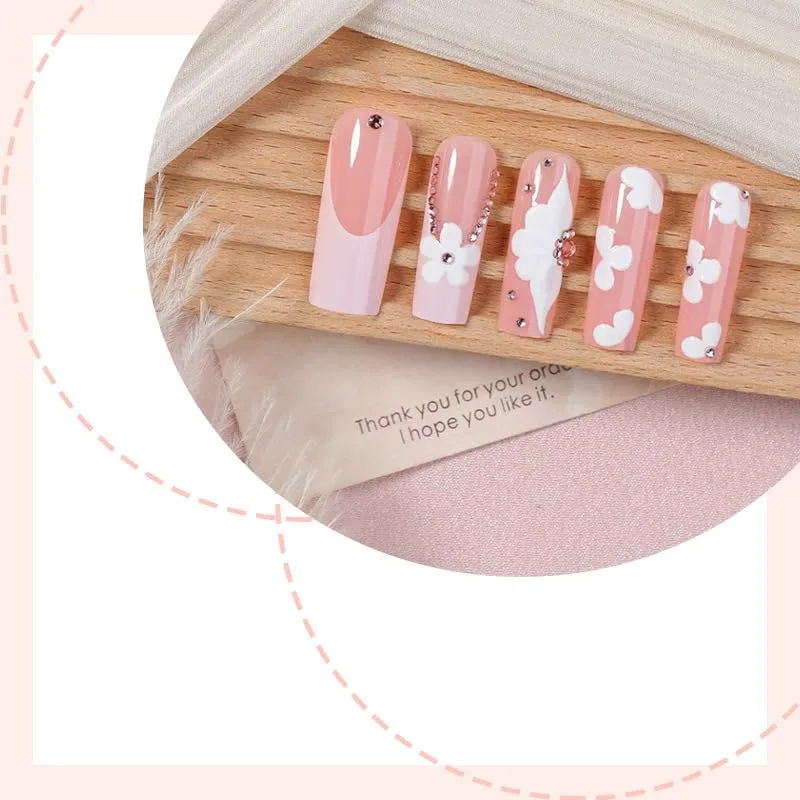 Long Square Press on Nails plalely 3D White Flower Fake Nails 24pcs