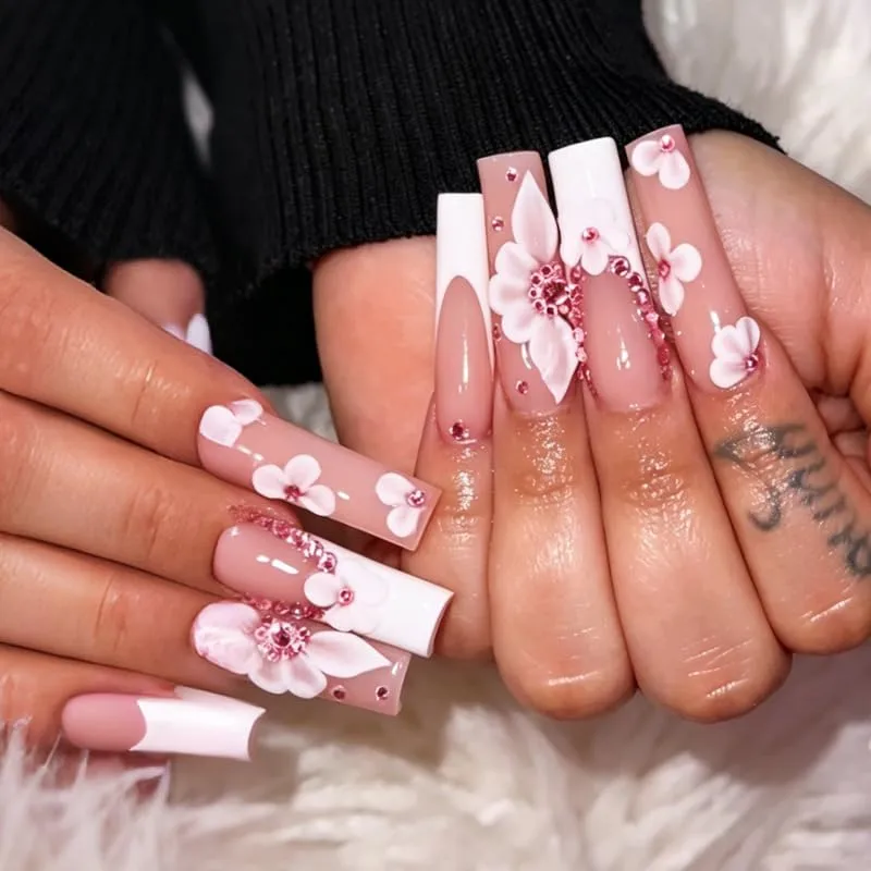 Long Square Press on Nails plalely 3D White Flower Fake Nails 24pcs