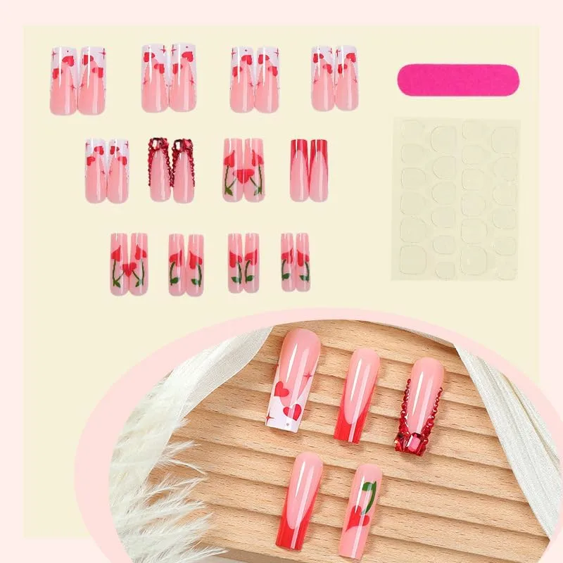 Square Press on Nails Long Nude Fake Nail 3D Sparkly Cherry with Rhinestones Acrylic Nail Press ons Valentines Day Stick on Nail for Women 24pcs