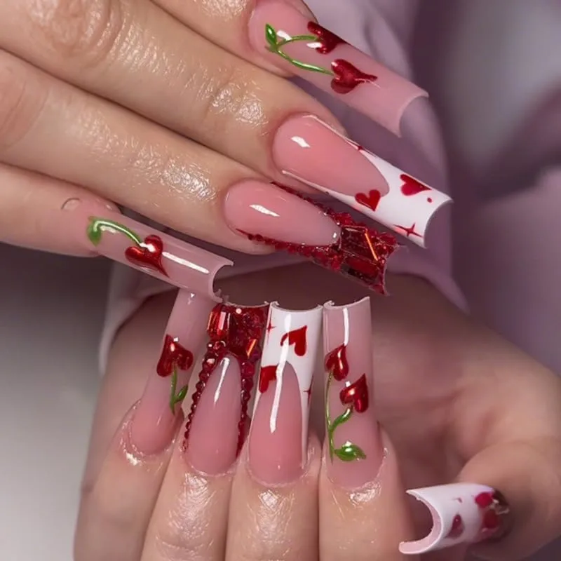 Square Press on Nails Long Nude Fake Nail 3D Sparkly Cherry with Rhinestones Acrylic Nail Press ons Valentines Day Stick on Nail for Women 24pcs