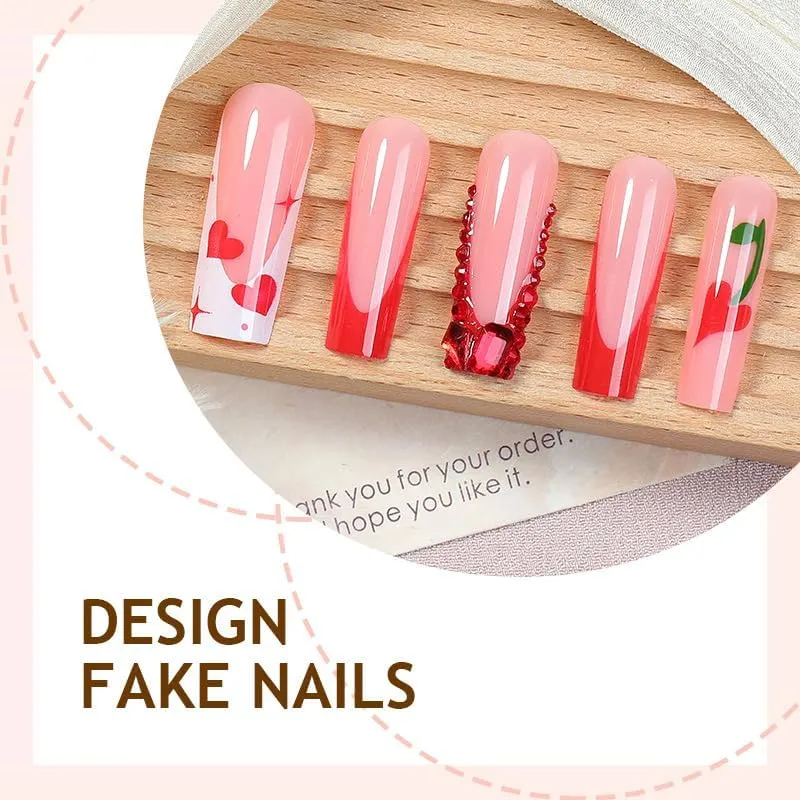 Square Press on Nails Long Nude Fake Nail 3D Sparkly Cherry with Rhinestones Acrylic Nail Press ons Valentines Day Stick on Nail for Women 24pcs