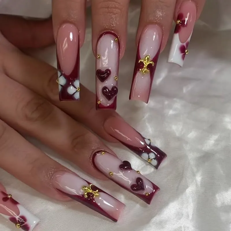 Square Press on Nails Long Wine Red Fake Nail Cute 3D Heart with Golden Charm Acrylic Nail Press ons Daisy Stick on Nail for Women 24pcs