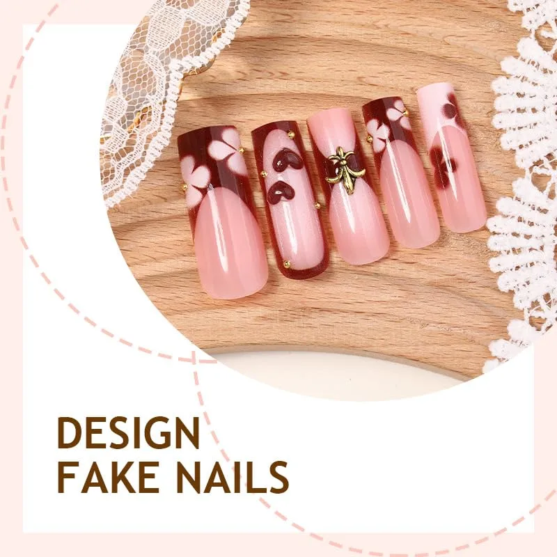 Square Press on Nails Long Wine Red Fake Nail Cute 3D Heart with Golden Charm Acrylic Nail Press ons Daisy Stick on Nail for Women 24pcs