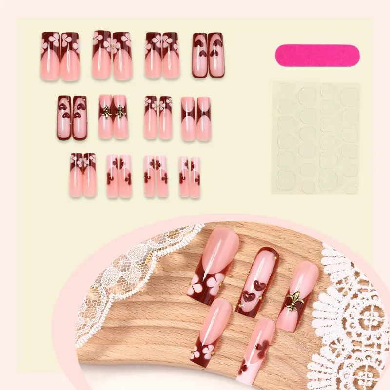 Square Press on Nails Long Wine Red Fake Nail Cute 3D Heart with Golden Charm Acrylic Nail Press ons Daisy Stick on Nail for Women 24pcs