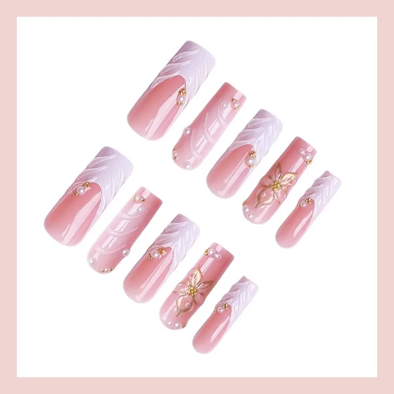Long Square Press on Nails, Acrylic Press on Nails with Designs,Long Press on Nail for Women 24pcs (Nude)