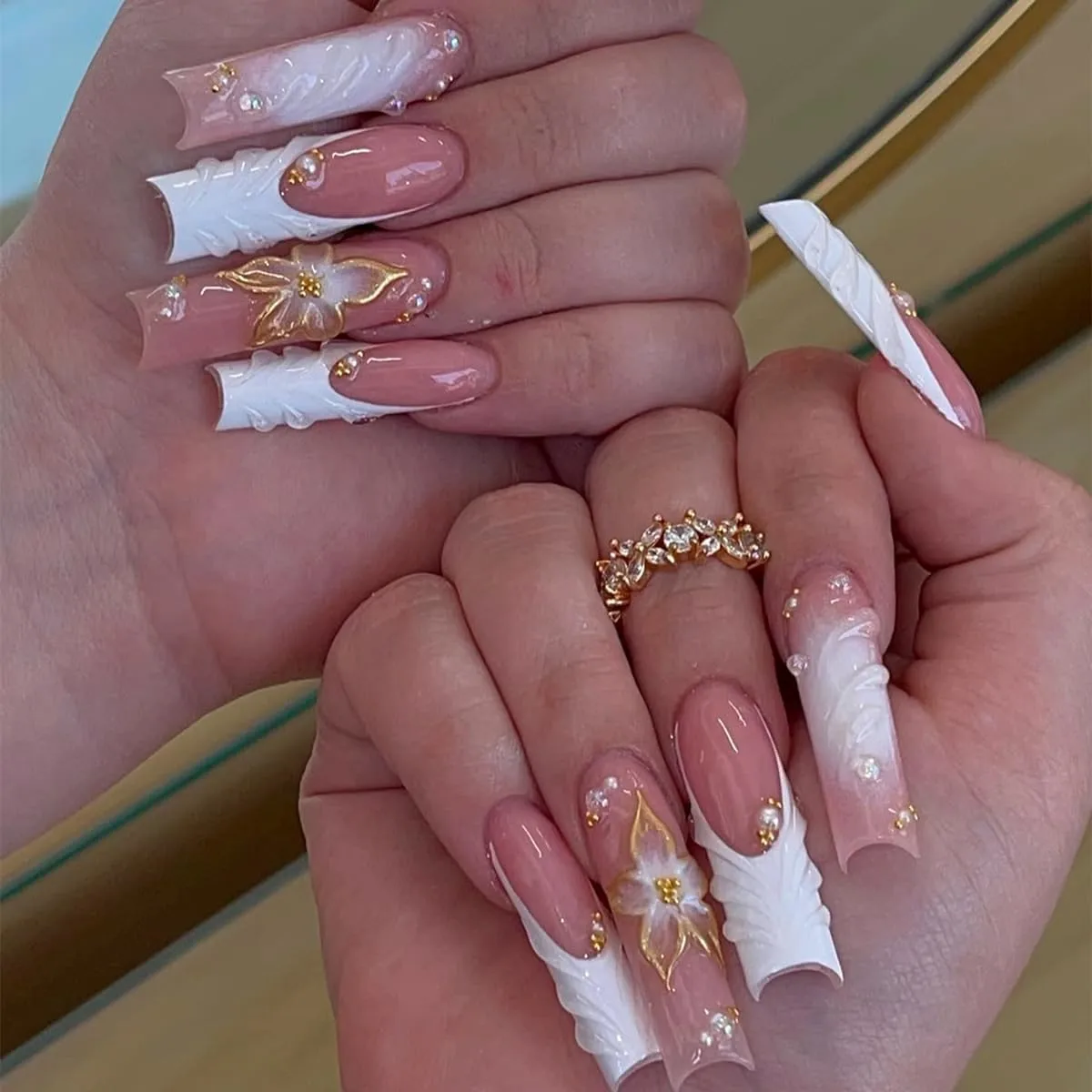 Long Square Press on Nails, Acrylic Press on Nails with Designs,Long Press on Nail for Women 24pcs (Nude)