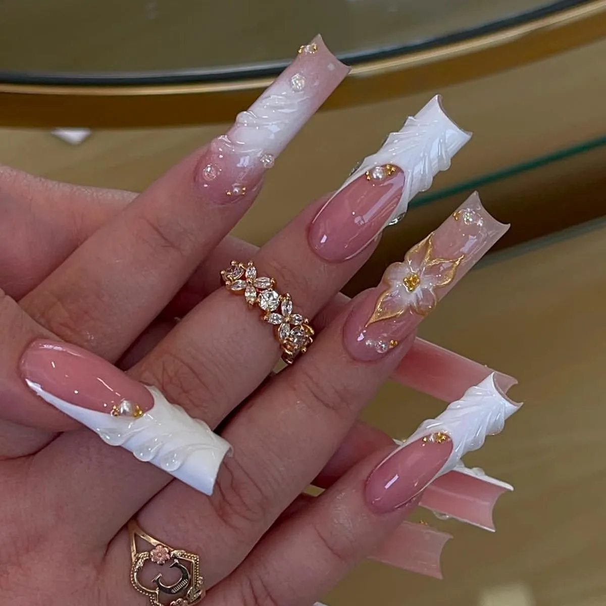 Long Square Press on Nails, Acrylic Press on Nails with Designs,Long Press on Nail for Women 24pcs (Nude)