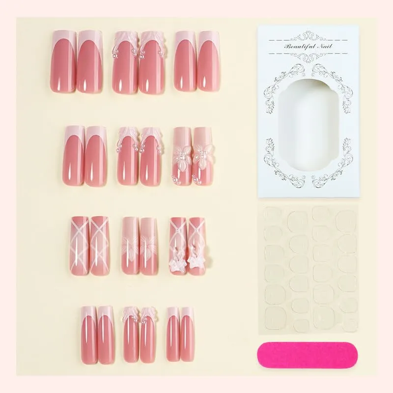 White Press on Nails Square Long 3D Flowers Fake Nail for Women