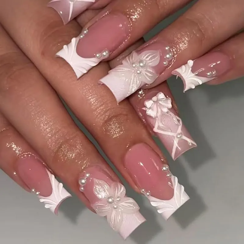 White Press on Nails Square Long 3D Flowers Fake Nail for Women