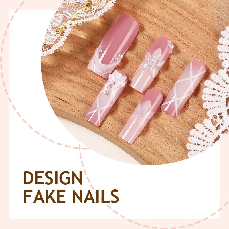 White Press on Nails Square Long 3D Flowers Fake Nail for Women