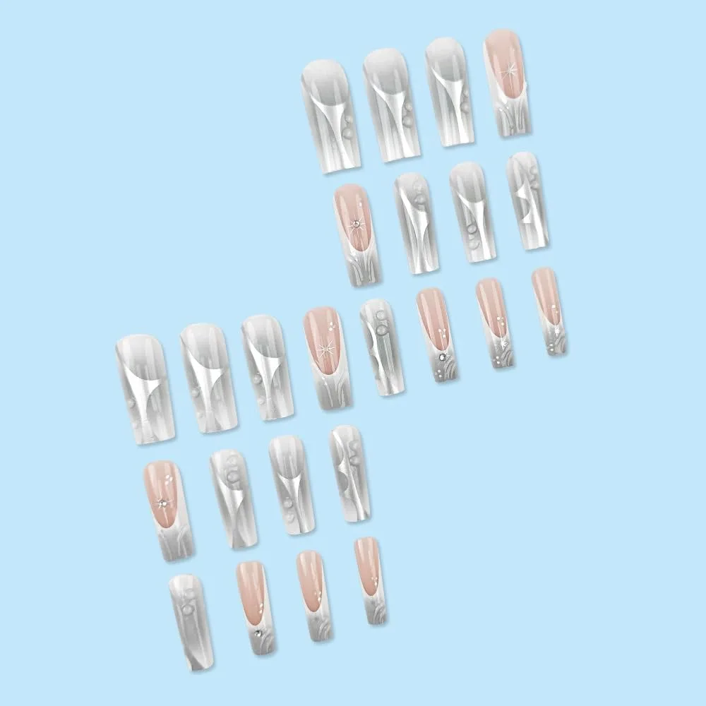 Square Press on Nails Long Grey Fake Nail Silver Embossed Acrylic Nail Press ons ClearWater Drop Stick on Nail for Women 24pcs