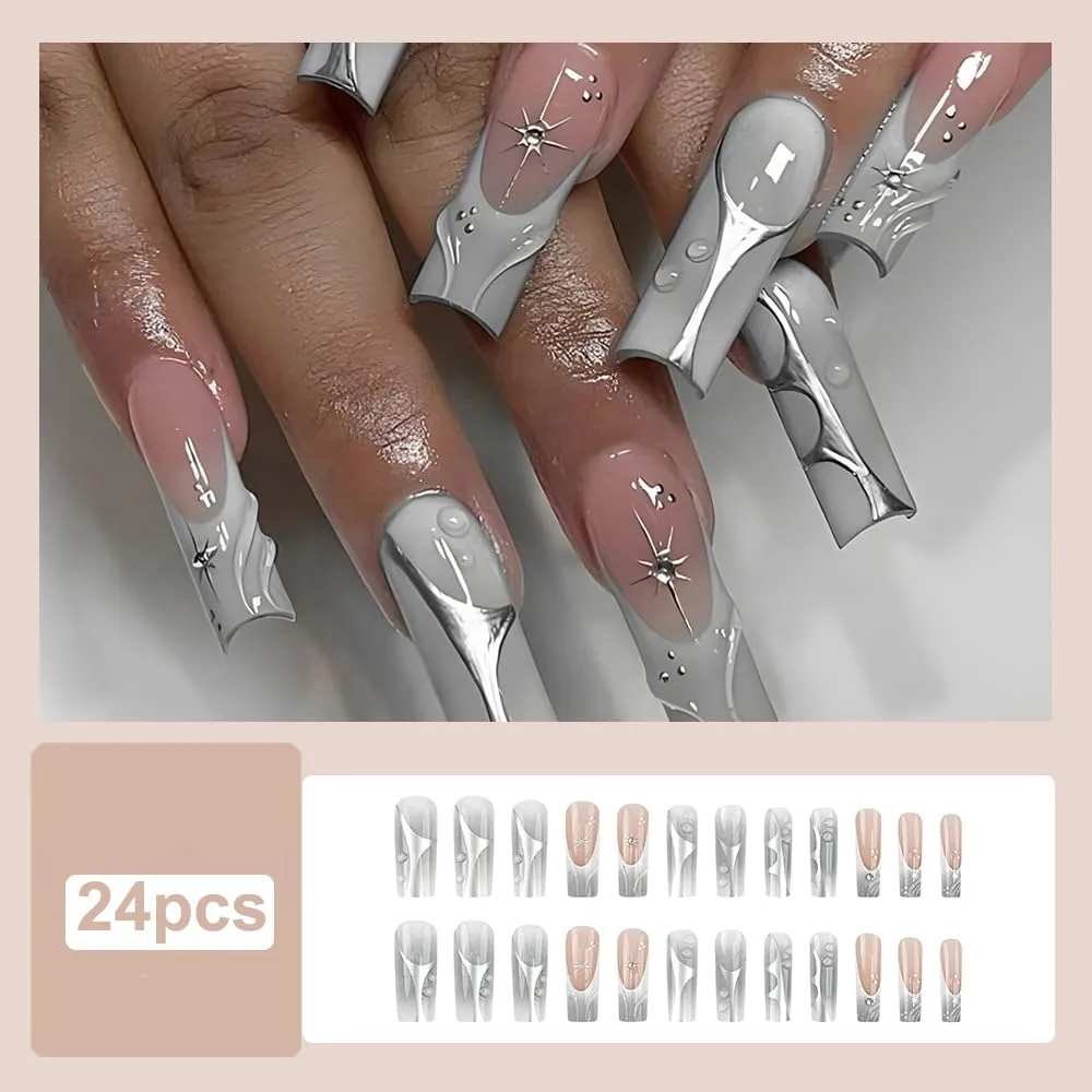 Square Press on Nails Long Grey Fake Nail Silver Embossed Acrylic Nail Press ons ClearWater Drop Stick on Nail for Women 24pcs