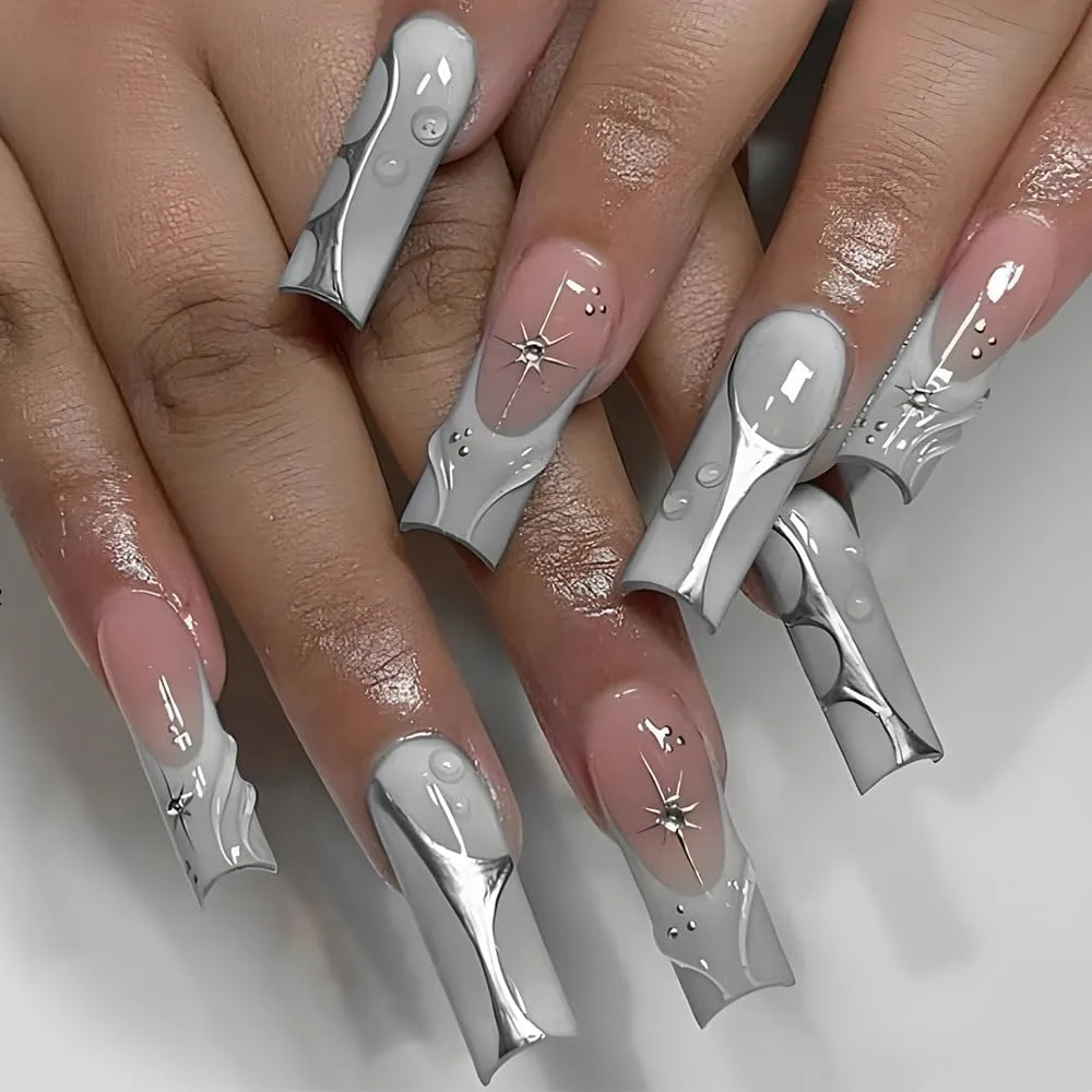 Square Press on Nails Long Grey Fake Nail Silver Embossed Acrylic Nail Press ons ClearWater Drop Stick on Nail for Women 24pcs