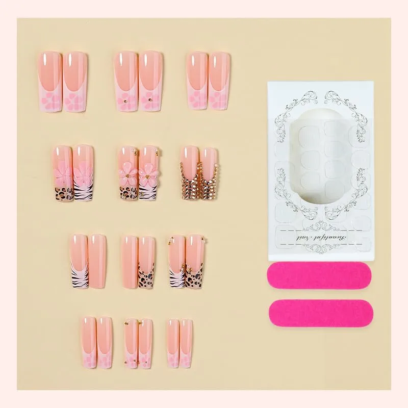 Press on Nails Long Square plalely Animal Print Black Fake Nails 24pcs