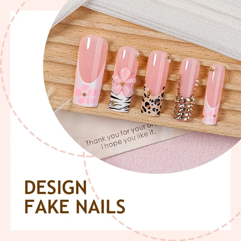 Press on Nails Long Square plalely Animal Print Black Fake Nails 24pcs