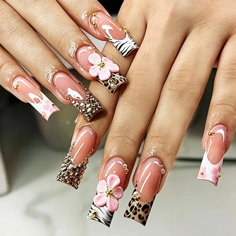 Press on Nails Long Square plalely Animal Print Black Fake Nails 24pcs
