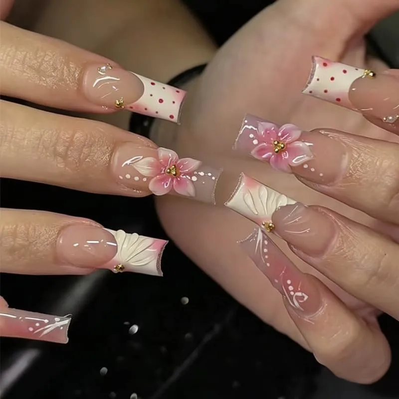 Long Square Press on Nails,Handmade Acrylic Press on Nails with Designs，Long Press on Nail for Women 24pcs