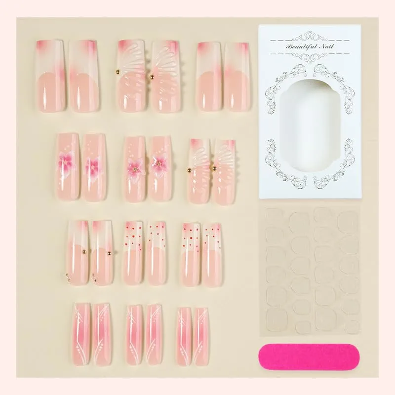 Long Square Press on Nails,Handmade Acrylic Press on Nails with Designs，Long Press on Nail for Women 24pcs