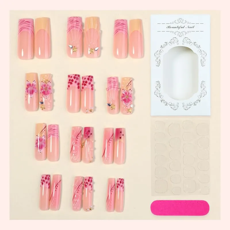 Long Square Press on Nails,Handmade Acrylic Press on Nails with Designs，Long Press on Nail for Women 24pcs