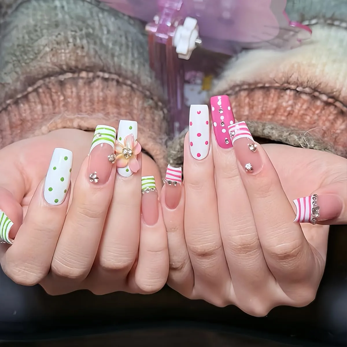 Long Square Press on Nails,Handmade Acrylic Press on Nails with Designs,Long Press on Nail for Women 24pcs