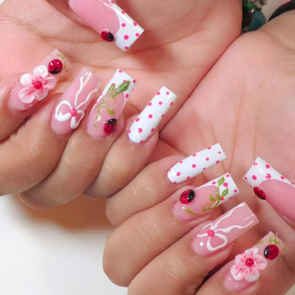 Square Press on Nails Long Nude Fake Nail 3D Pink Flowers Acrylic Nail Press ons with Ladybugs Design Stick on Nail for Women 24pcs
