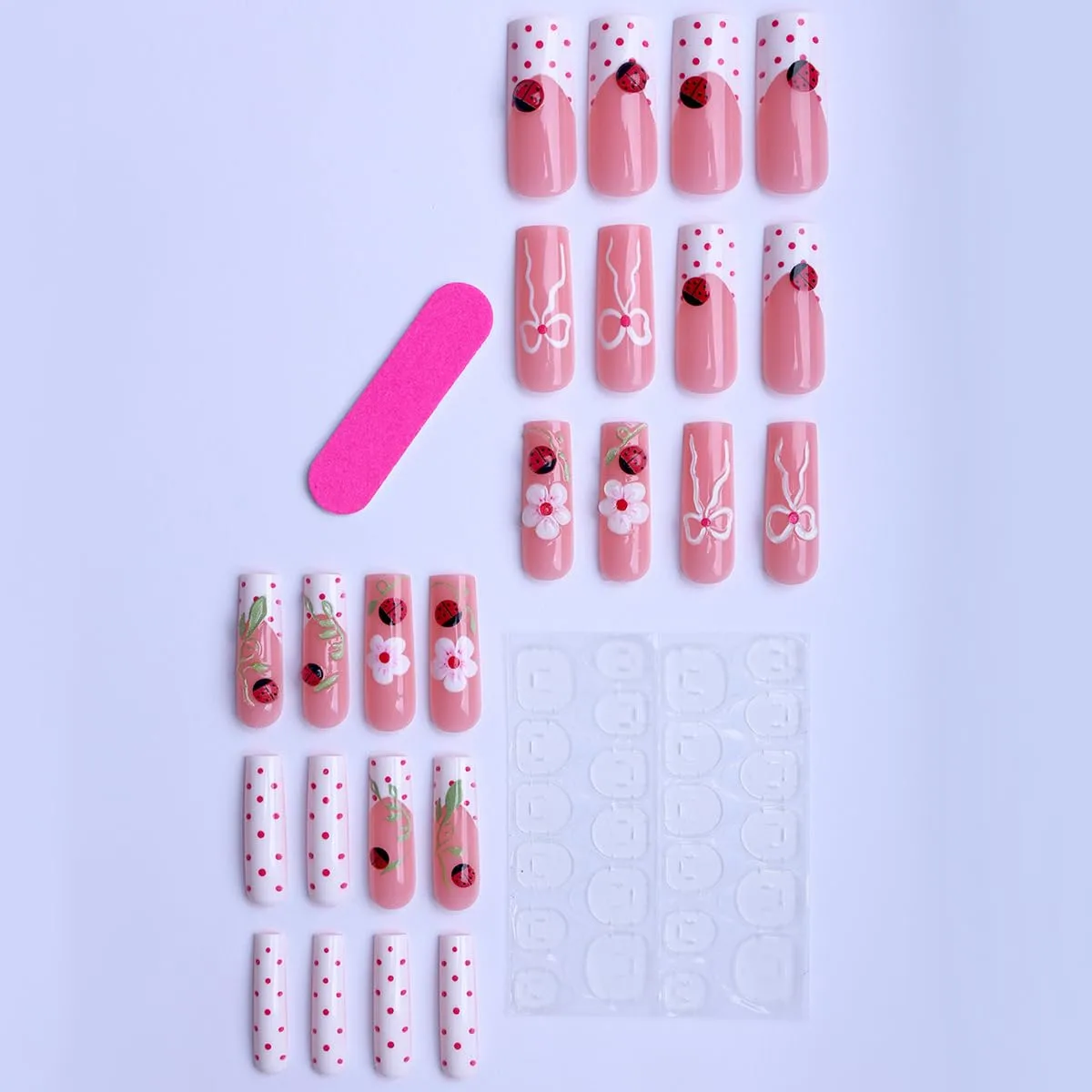 Square Press on Nails Long Nude Fake Nail 3D Pink Flowers Acrylic Nail Press ons with Ladybugs Design Stick on Nail for Women 24pcs