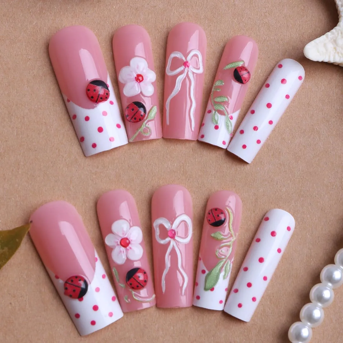 Square Press on Nails Long Nude Fake Nail 3D Pink Flowers Acrylic Nail Press ons with Ladybugs Design Stick on Nail for Women 24pcs
