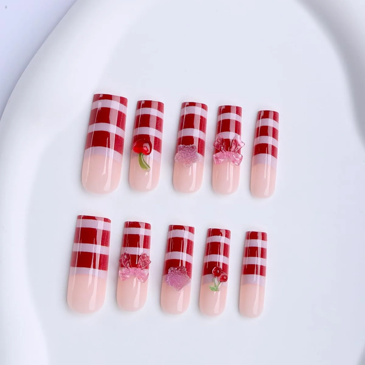 Red Press on Nails Square Long White and Red Stripes Press on False Nails Cute 3D Bow and Cherry Y2KStick on Nail for Women 24pcs