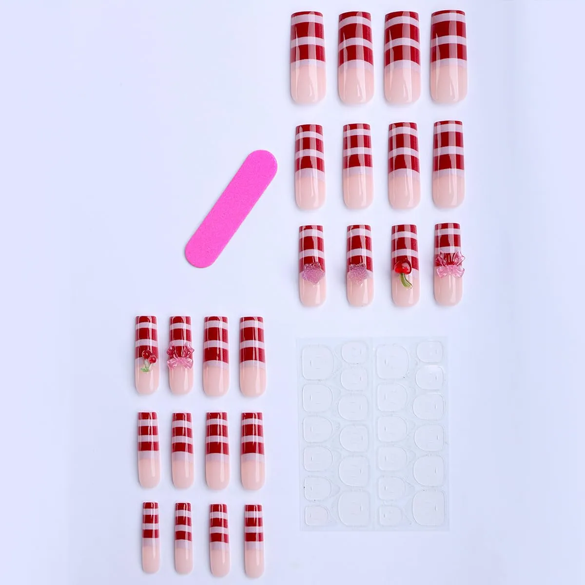 Red Press on Nails Square Long White and Red Stripes Press on False Nails Cute 3D Bow and Cherry Y2KStick on Nail for Women 24pcs