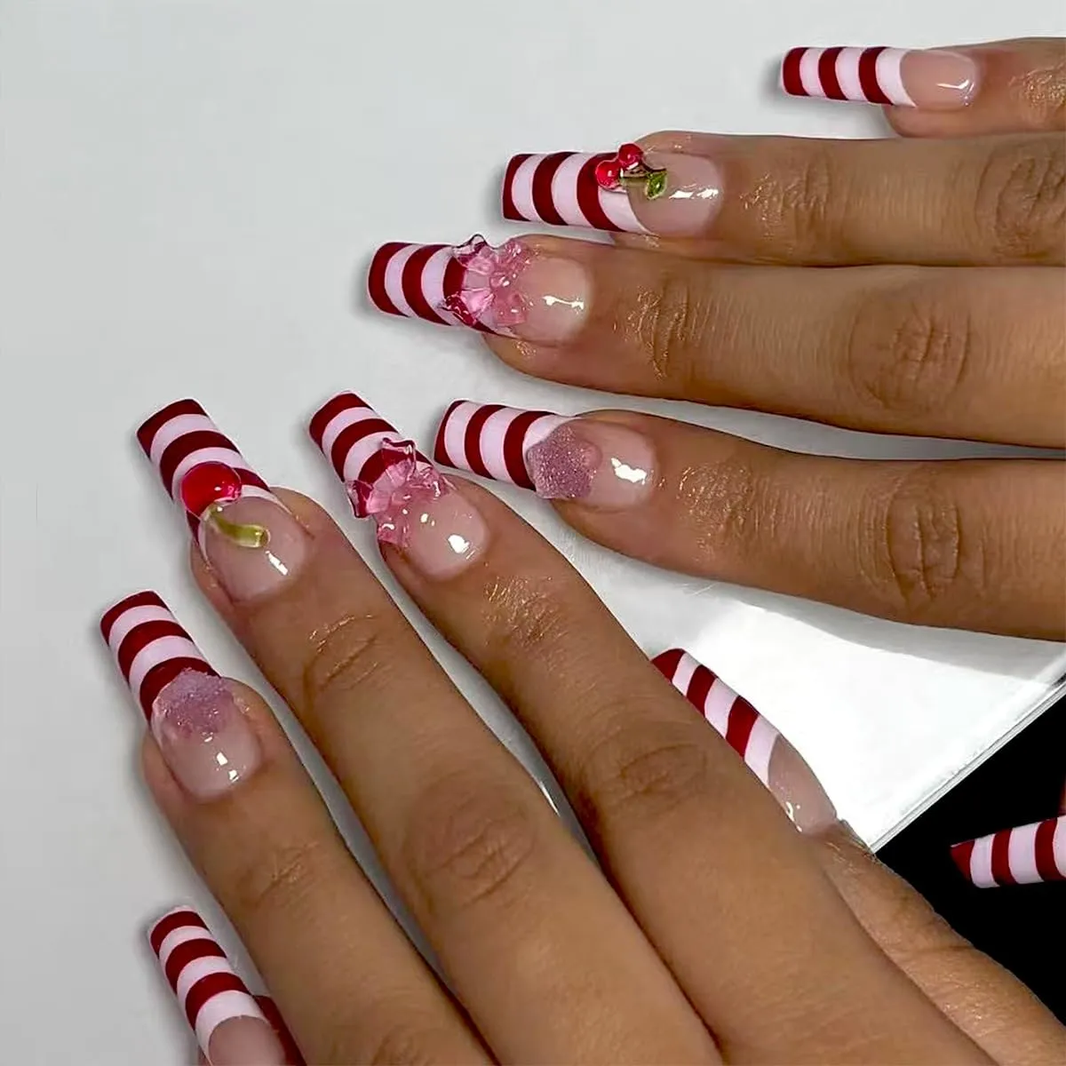 Red Press on Nails Square Long White and Red Stripes Press on False Nails Cute 3D Bow and Cherry Y2KStick on Nail for Women 24pcs