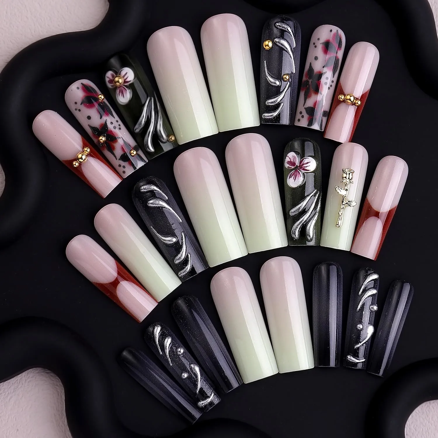 Square Press on Nails Long Gold Rose Charms Fake Nail Dark Purple Flowes Print with Water Drop Design Acrylic Nail Press ons GothicY2K Stick on Nail for Women 24pcs