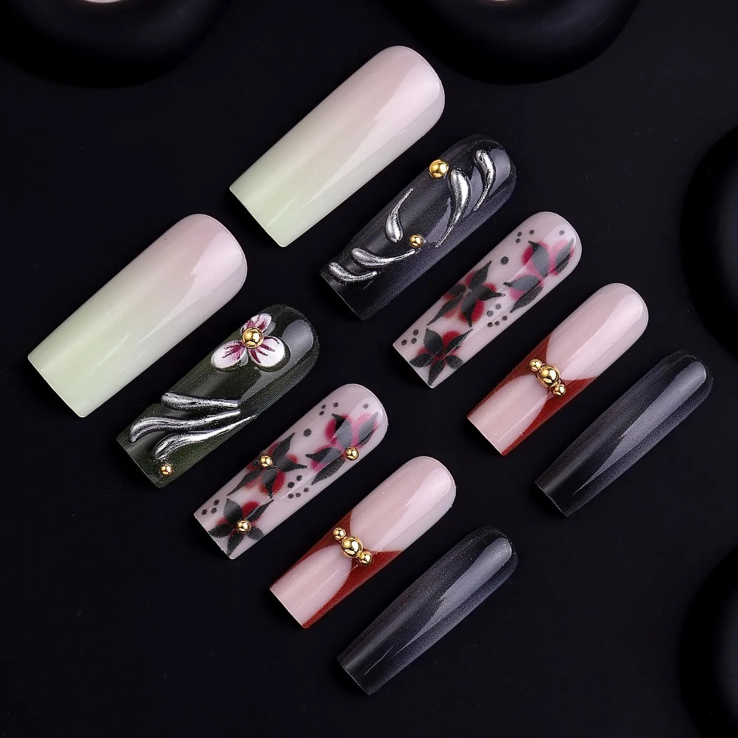 Square Press on Nails Long Gold Rose Charms Fake Nail Dark Purple Flowes Print with Water Drop Design Acrylic Nail Press ons GothicY2K Stick on Nail for Women 24pcs