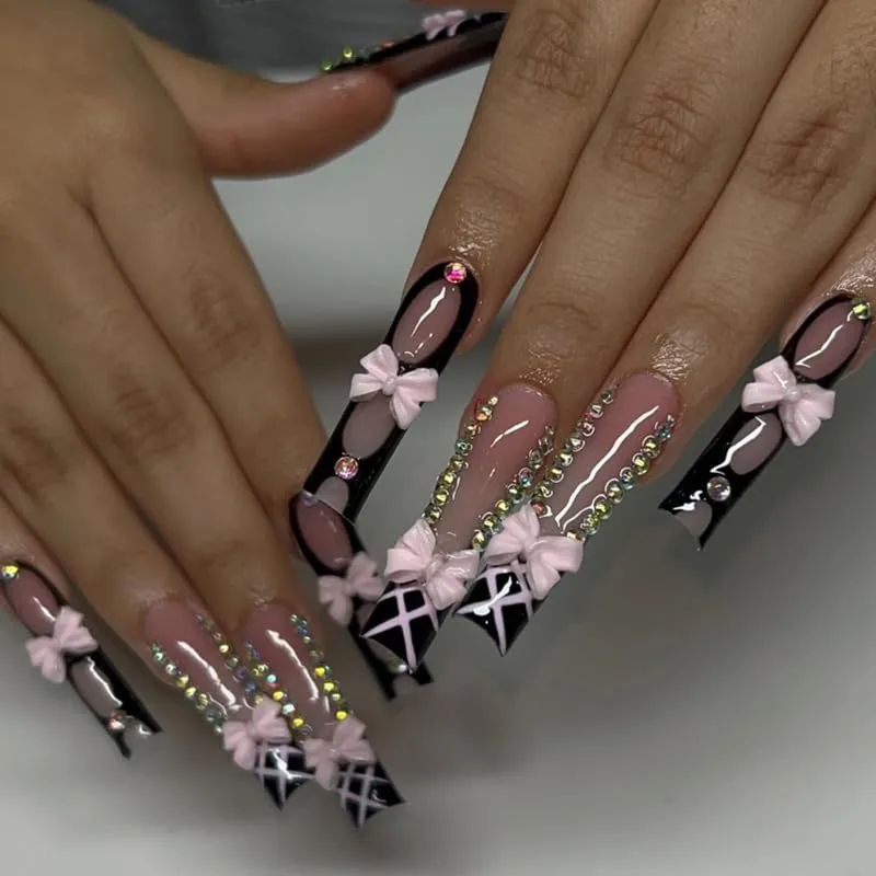 Long Square Press on Nails,Handmade Acrylic Press on Nails with Designs,Long Press on Nail for Women 24pcs