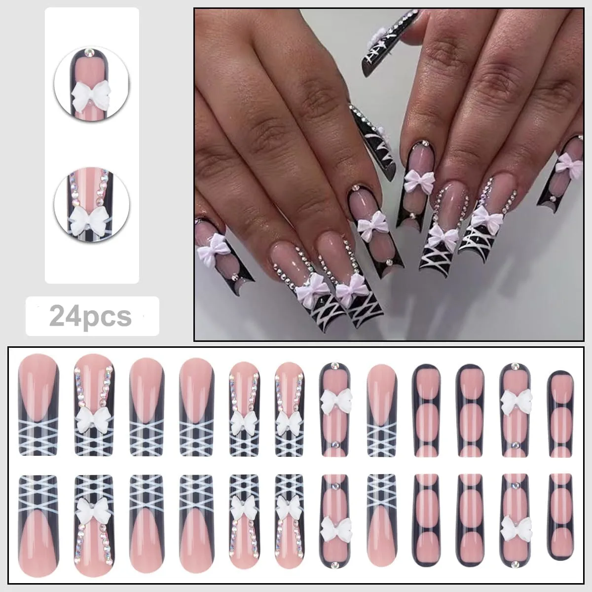 Long Square Press on Nails, Acrylic Press on Nails with Designs，Long Press on Nail for Women 24pcs (Pink19)