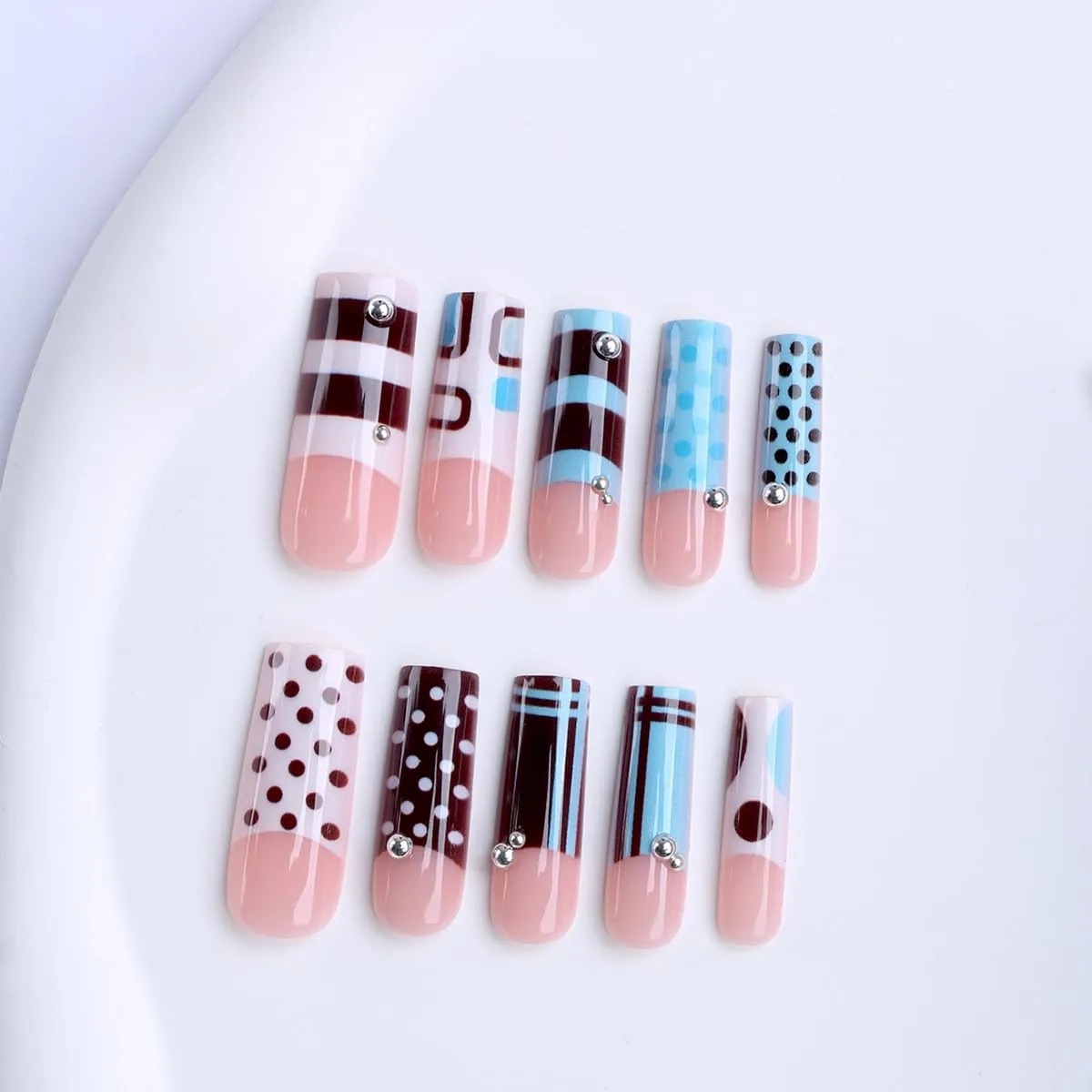 Blue Press on Nails Square Long Polka Dot Press on False Nails with abstract Print Design Y2K Stick on Nail for Women 24pcs