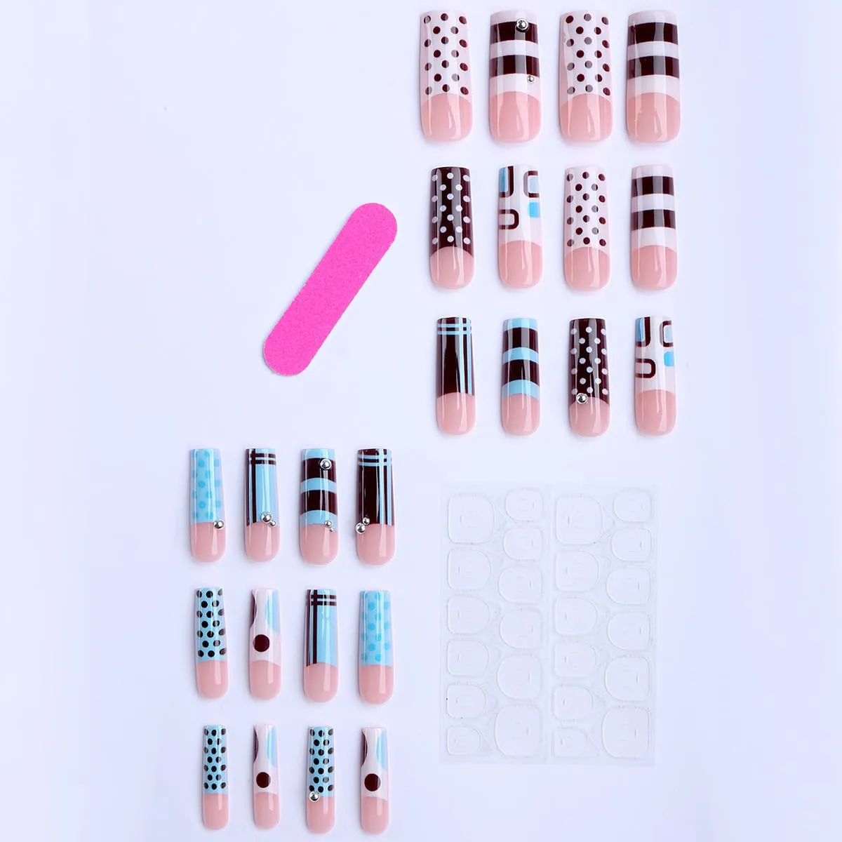 Blue Press on Nails Square Long Polka Dot Press on False Nails with abstract Print Design Y2K Stick on Nail for Women 24pcs