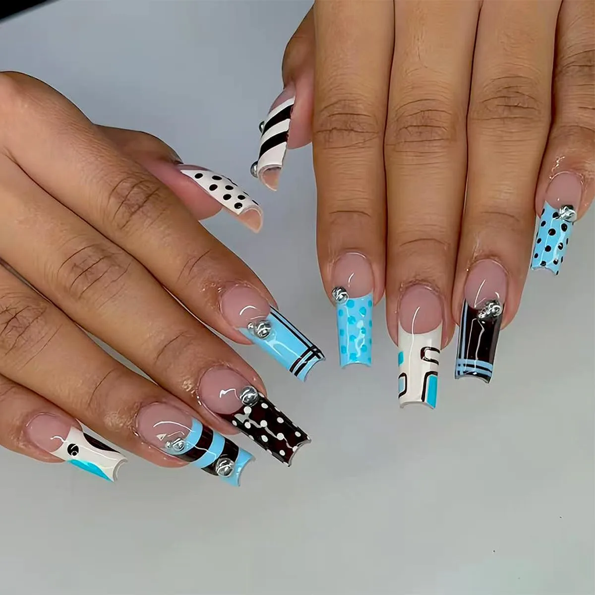 Blue Press on Nails Square Long Polka Dot Press on False Nails with abstract Print Design Y2K Stick on Nail for Women 24pcs