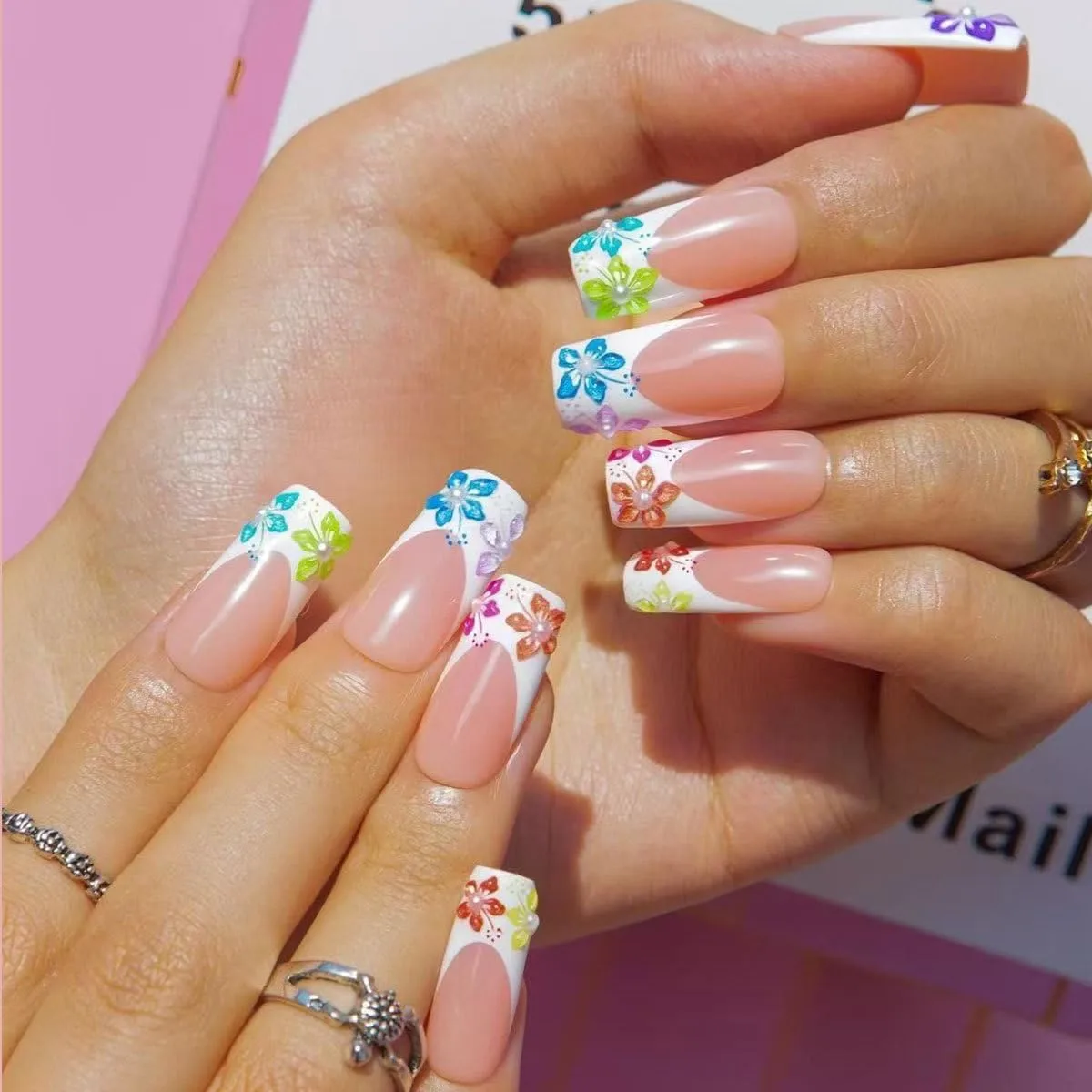 Long Square Press on Nails,Handmade Acrylic Press on Nails with Designs，Long Press on Nail for Women 24pcs