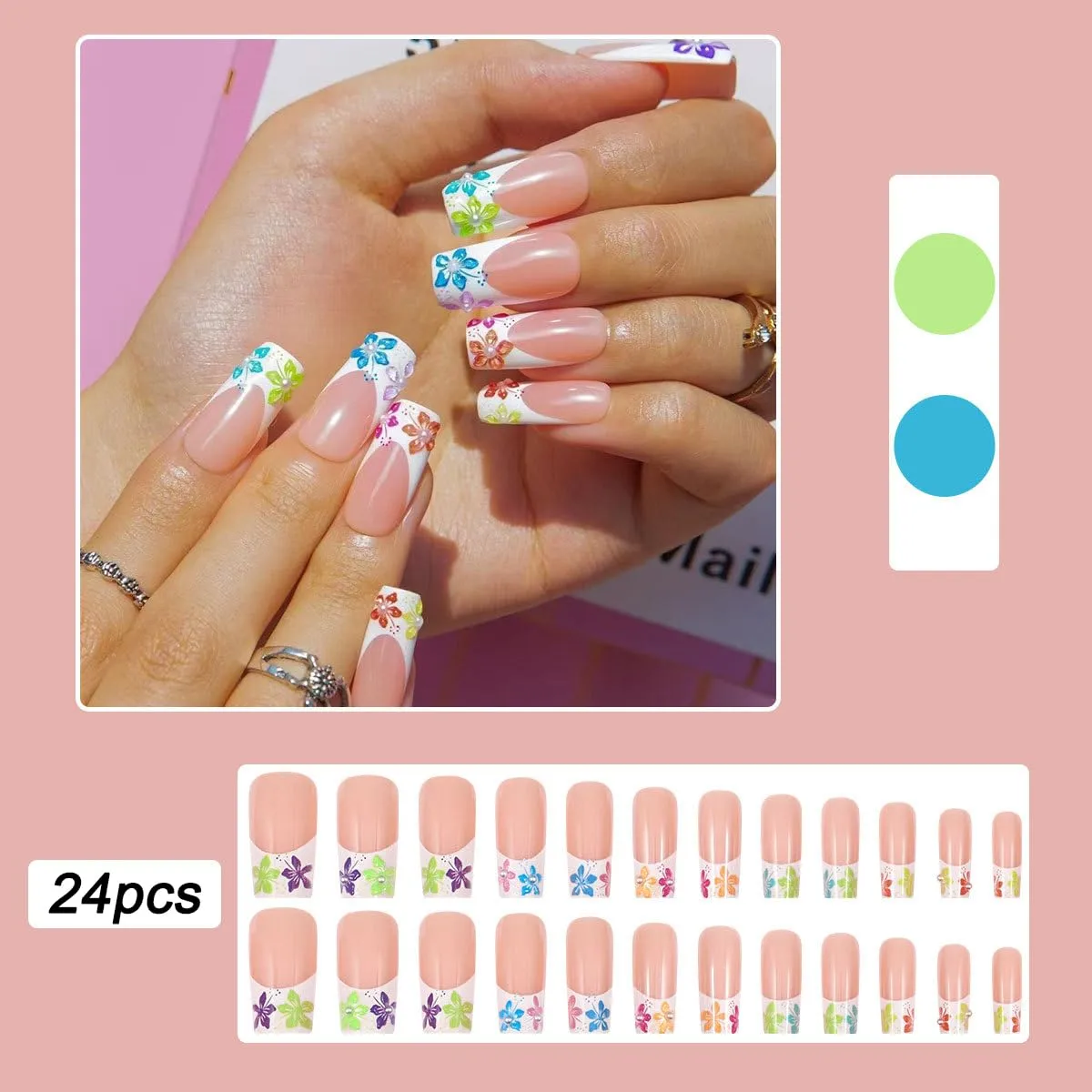 Long Square Press on Nails,Handmade Acrylic Press on Nails with Designs，Long Press on Nail for Women 24pcs