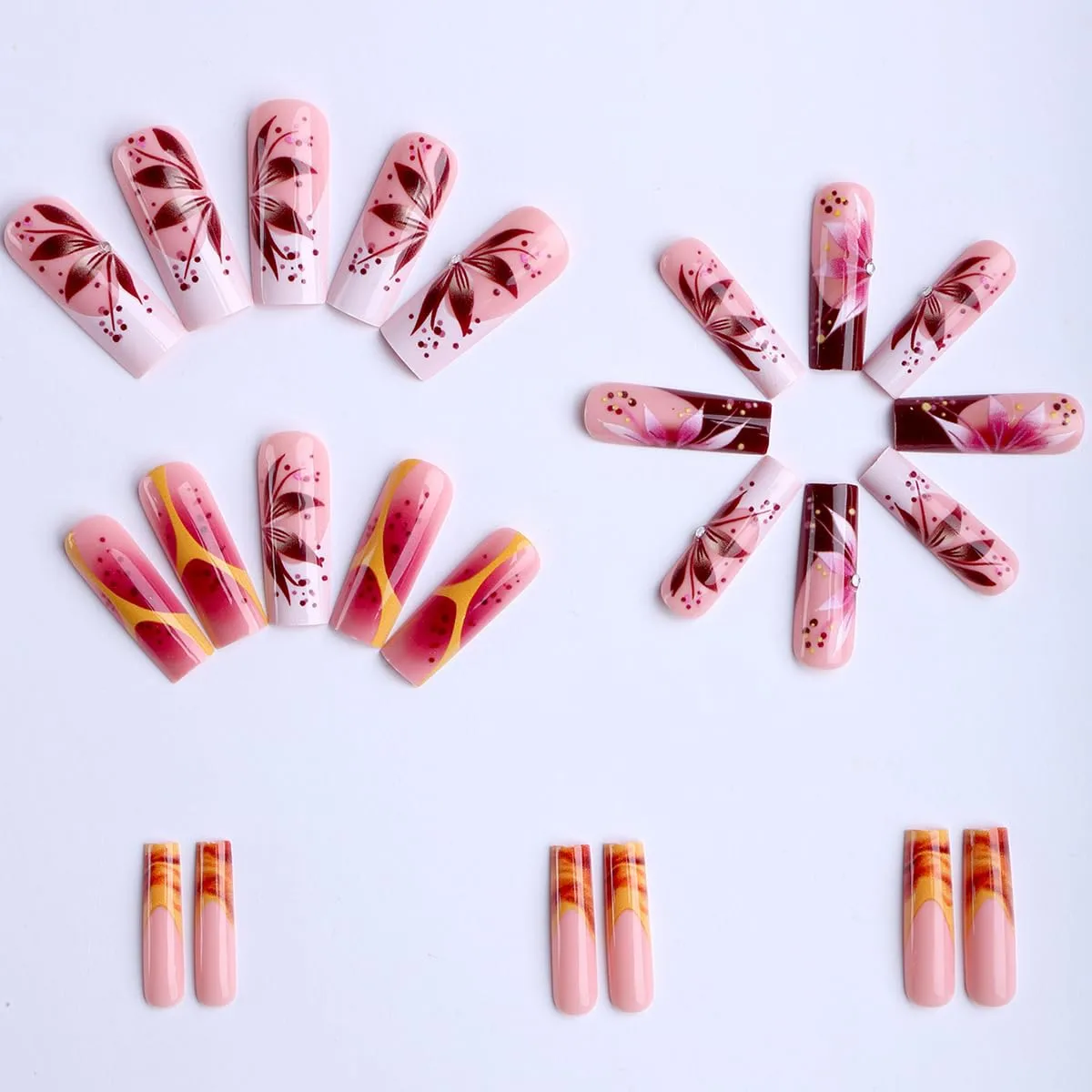Long Square Press on Nails plalely Yellow Swirl Fake Nail 24pcs