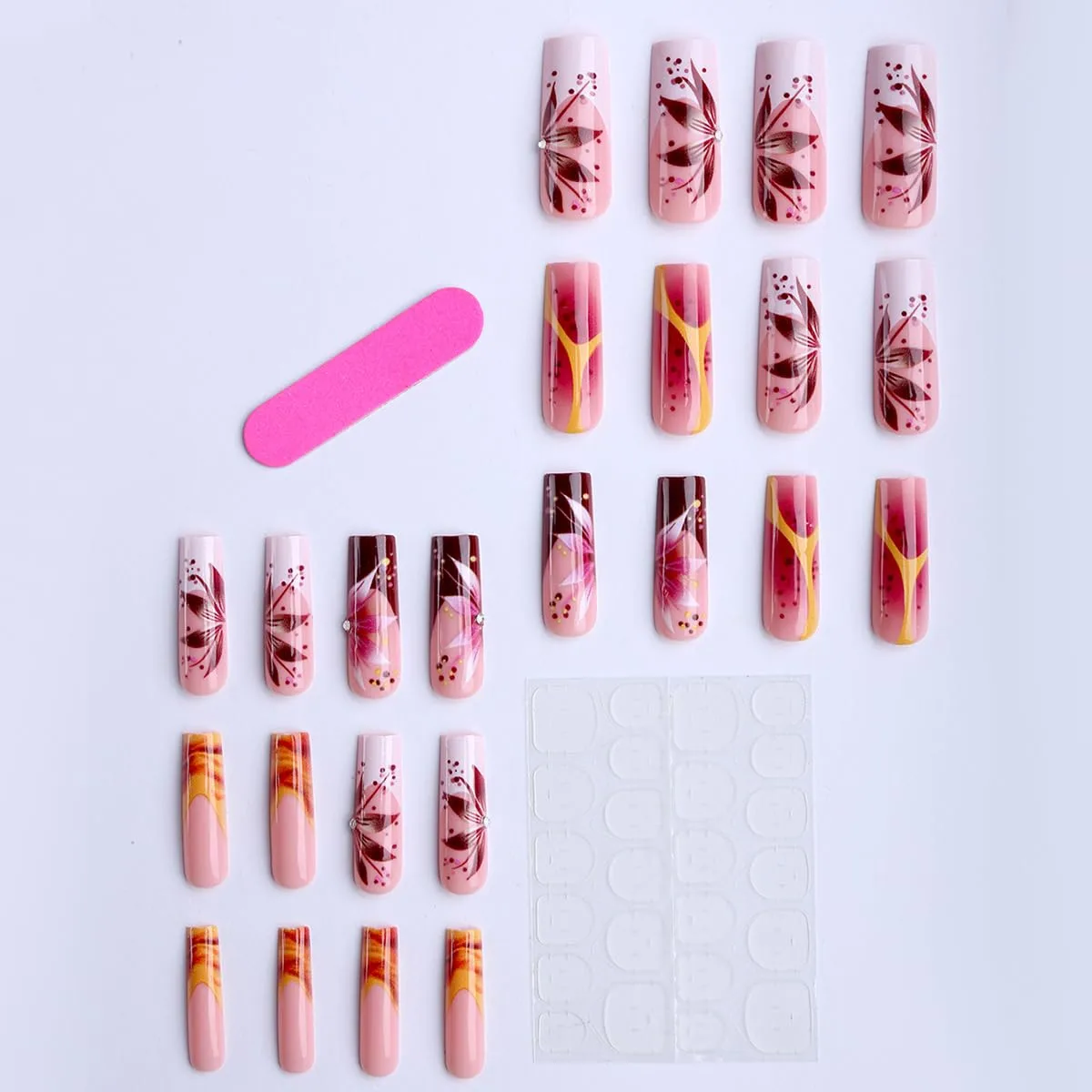 Long Square Press on Nails plalely Yellow Swirl Fake Nail 24pcs