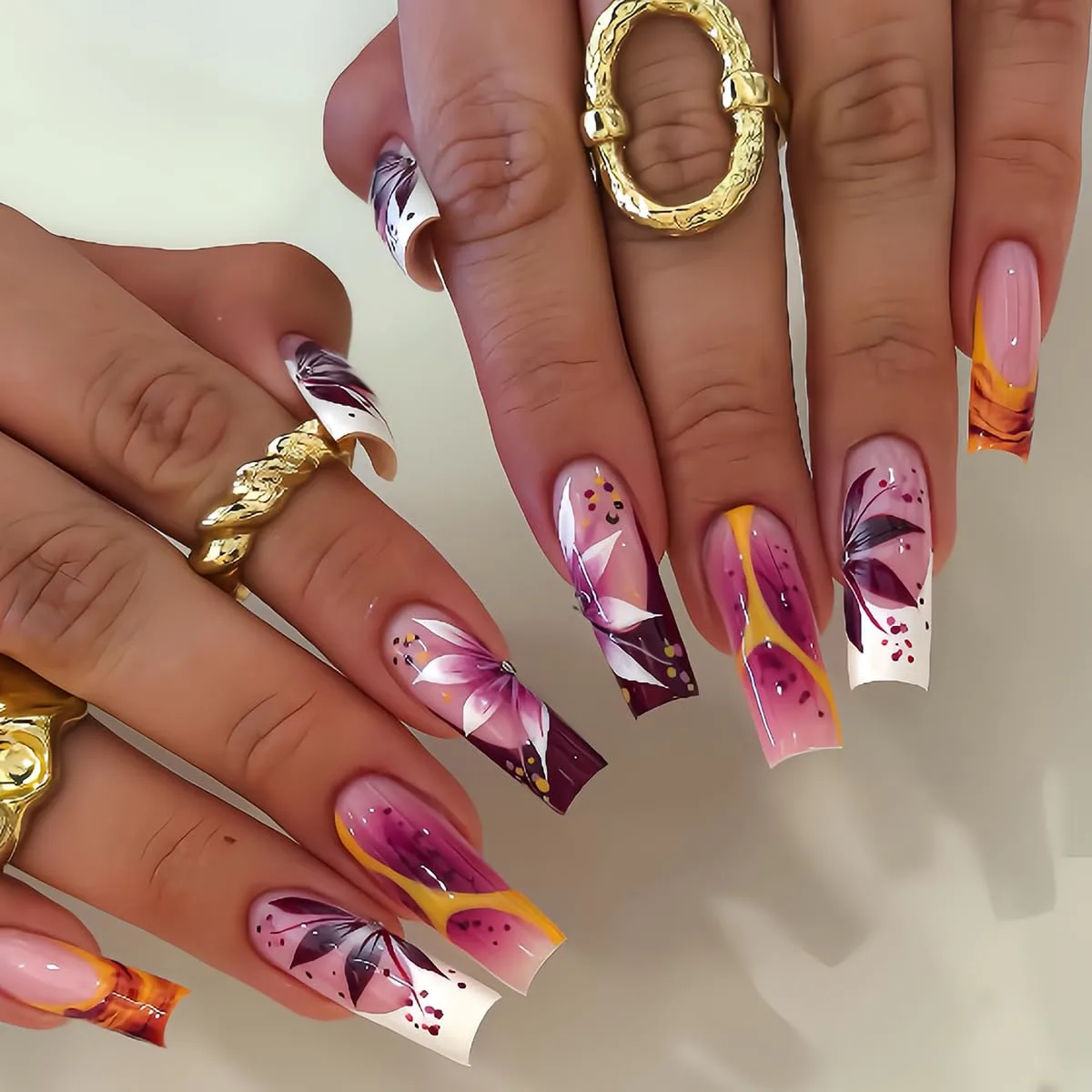 Long Square Press on Nails plalely Yellow Swirl Fake Nail 24pcs