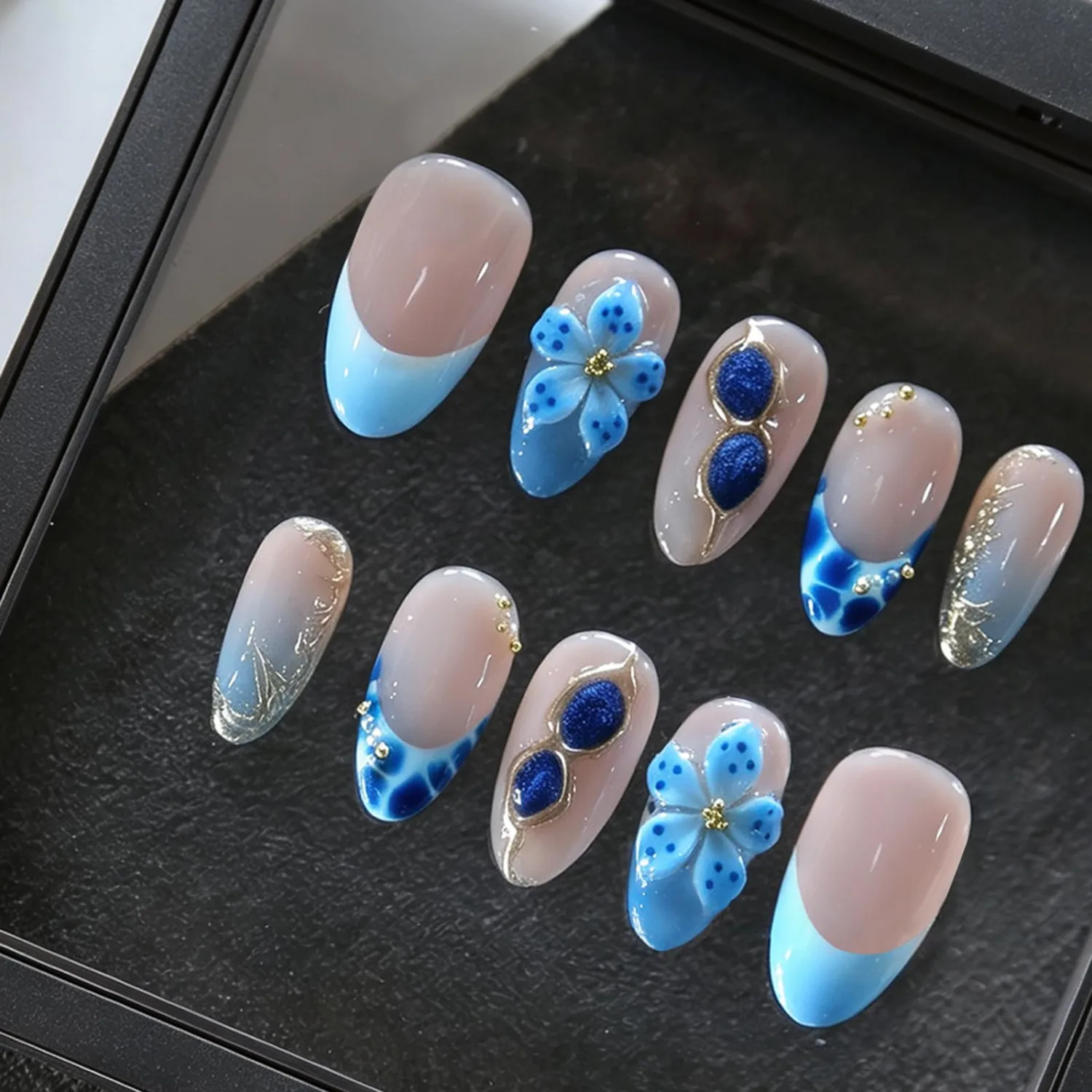 MAGLFELL Press On Nails- Handmade Almond French Tip Fake Nails with Blue Flower&Blue Tears, 10 Pcs Reusable Acrylic False Nails for Women, S