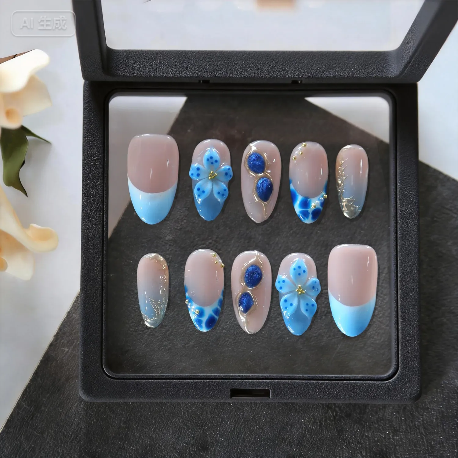 MAGLFELL Press On Nails- Handmade Almond French Tip Fake Nails with Blue Flower&Blue Tears, 10 Pcs Reusable Acrylic False Nails for Women, S